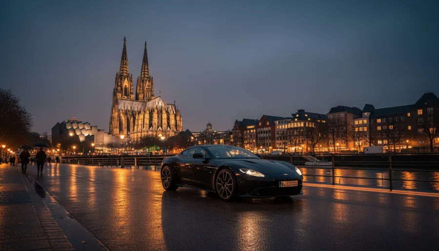 Kölner Dom und Rheinufer bei Nacht mit Luxusauto