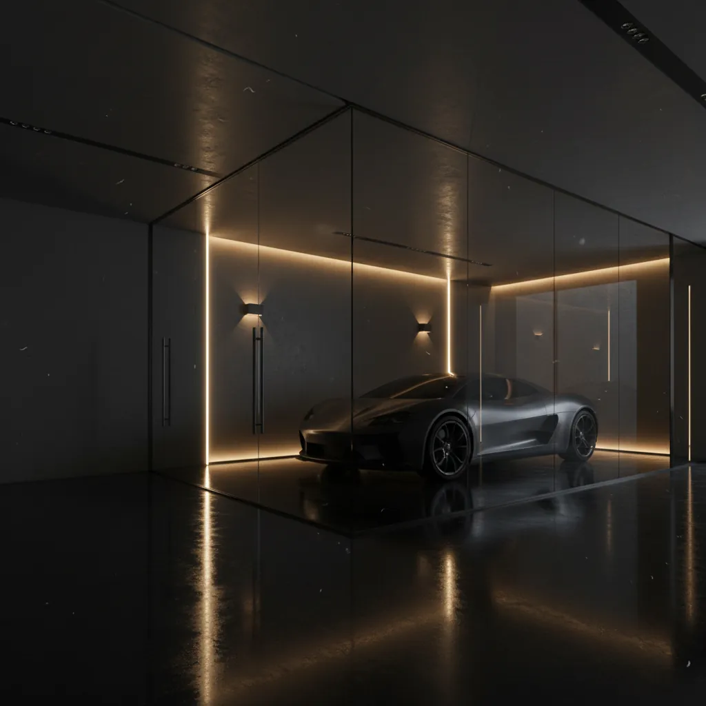 Ecke eines dunklen Premium-Showrooms mit Gold-Licht